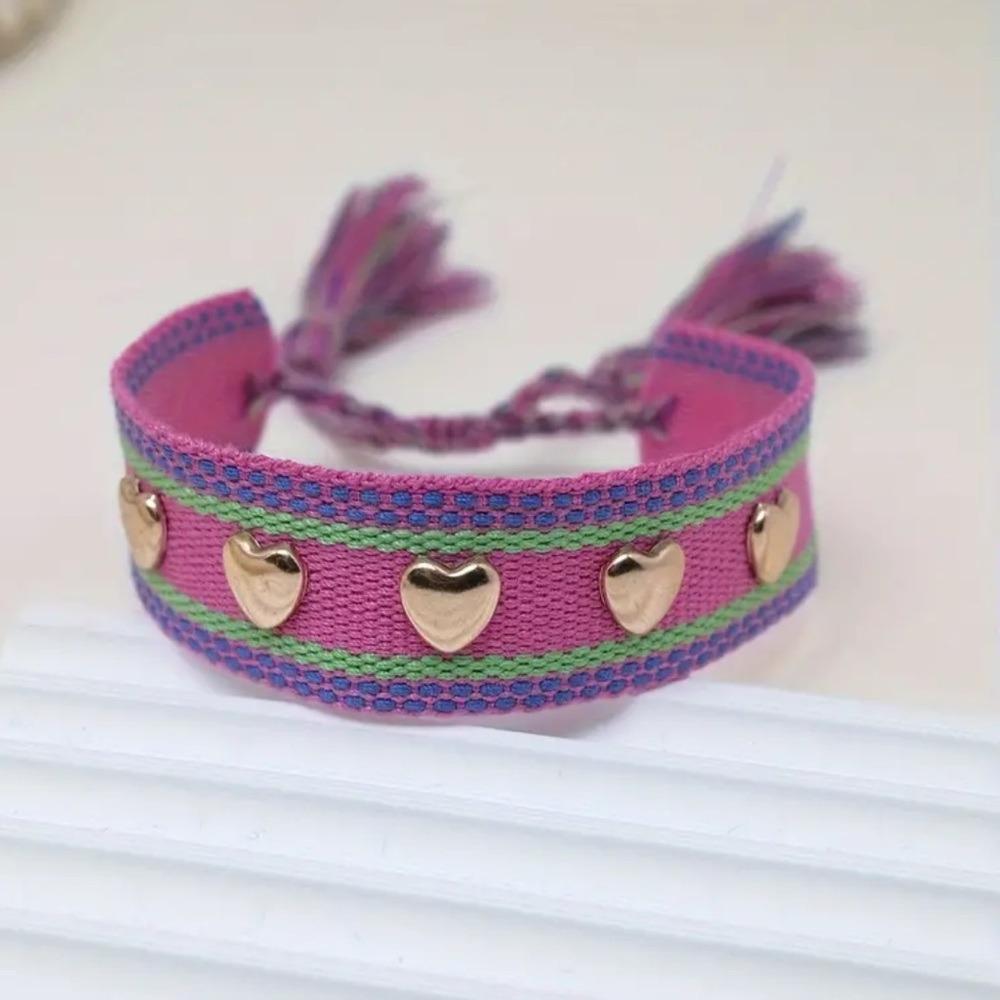 NEW| Bohemian Embroidered Heart Shaped Stackable Tassel Bracelet
